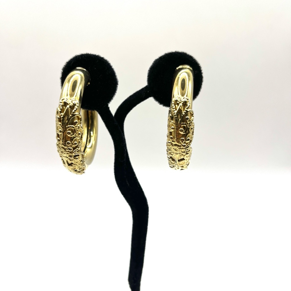 Hoop Earrings Large Ornate Filigree Earrings Pierced Gold Tone Large Chunky
